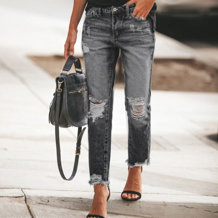 Women's High Waist Ripped HolesTassels Slimming Streetwear Jeans