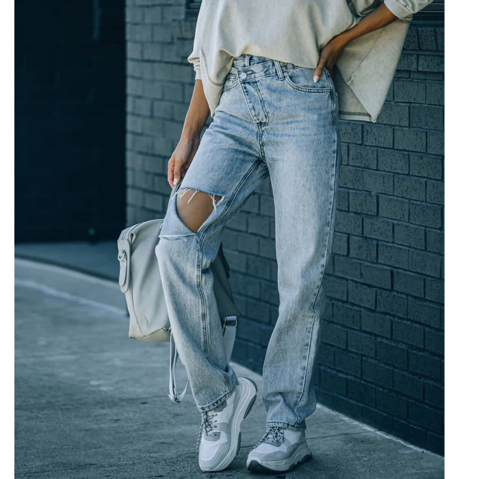 Women Blue Baggy High Waist Denim Hole Oversize Streetwear Jeans