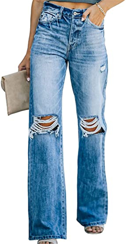 High Waist Streetwear Temperament Washed Hole Pocket Wide Leg Casual Vintage Jeans