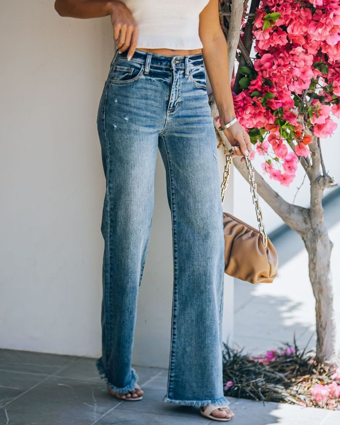 Women Long Pants Stylish Slim Fashion Hole Straight Button Streetwear Jeans