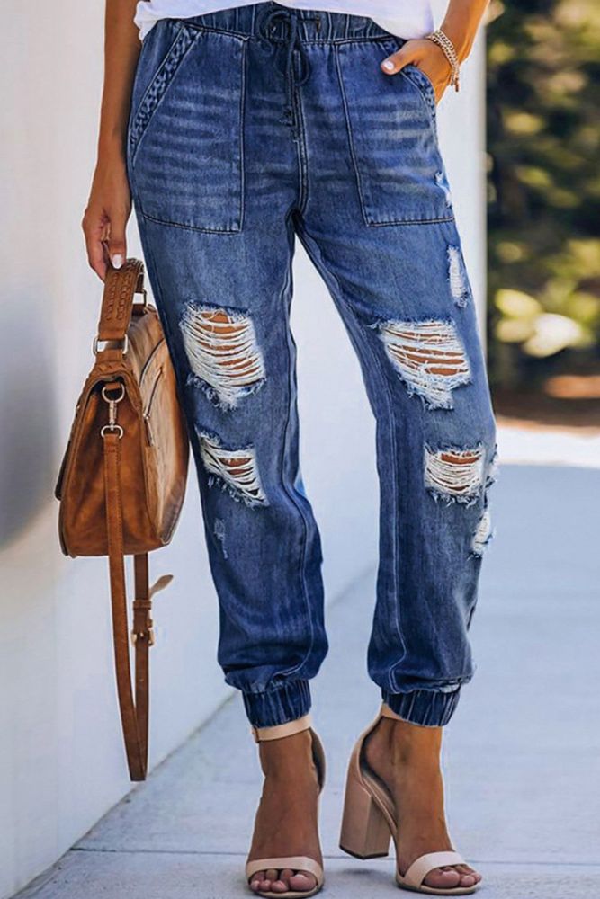 Women's Casual Drawstring Denim Pants Sexy Ripped Pencil Jeans