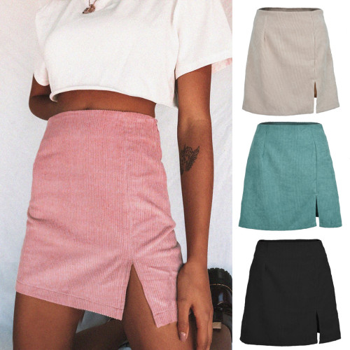 High-waisted corduroy half skirt solid color open A-line skirt