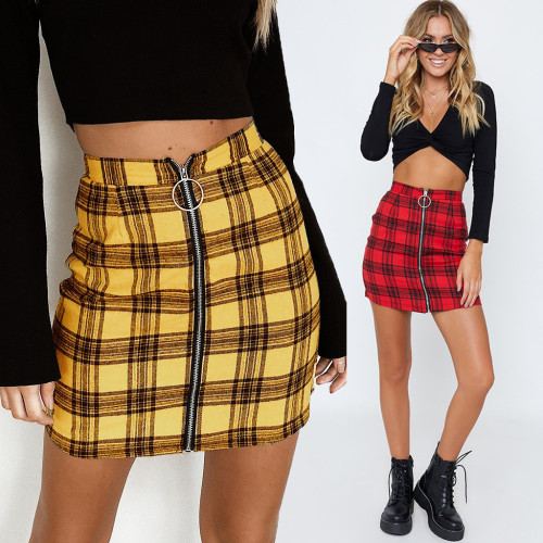 Fashion sexy high waist zipper half-body skirt burst splicing plaid package hip skirt