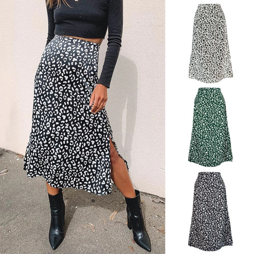 Leopard print chiffon print open half skirt sexy zipper high waist mid-length skirt