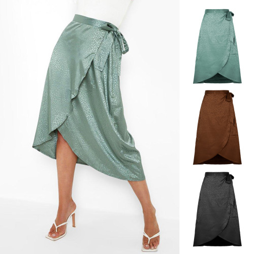 Lace-up long skirt high waist stone jacquard satin wrap skirt sexy lace-up half-body skirt