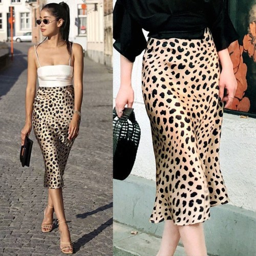 Fashion versatile leopard print high waist half skirt mulberry silk printed satin fishtail package hip skirt female
