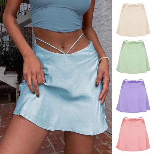 Solid color sexy satin half-body skirt fashion revealing umbilical lace-up zipper short skirt