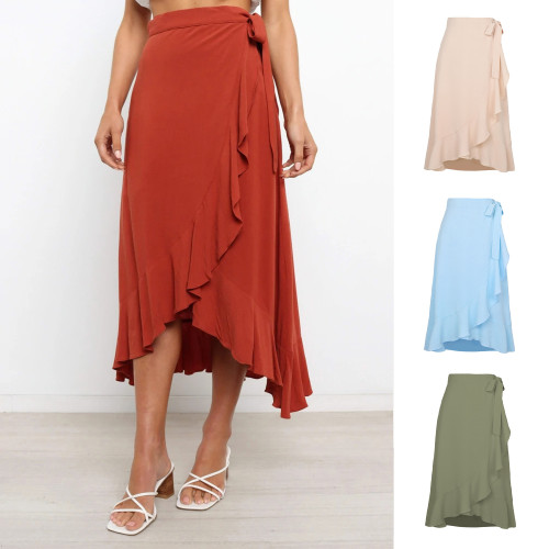 Summer one piece tied long skirt irregular hip solid color half-body skirt