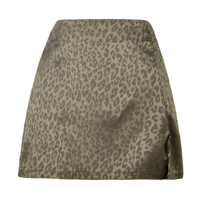 Leopard print high waist open short skirt sexy jacquard satin zipper half-body skirt