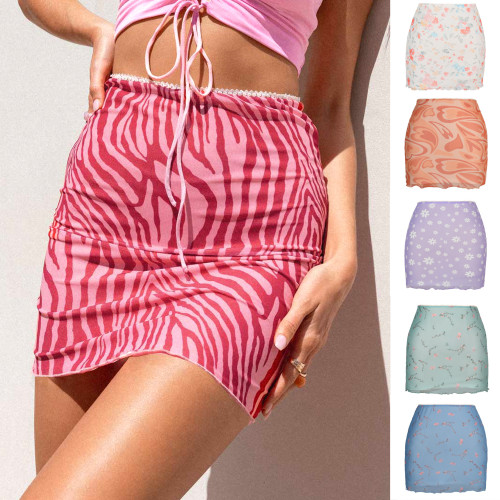 Printed mesh skirt high waist double slim package hip skirt cross-border women's half-body skirt