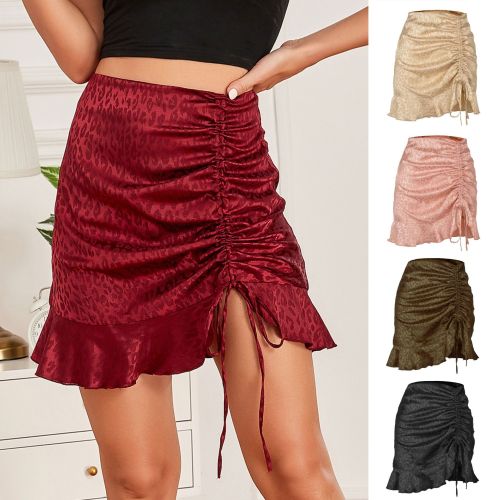 100g drawstring pleated leopard print skirt sexy jacquard satin fishtail skirt zipper half skirt