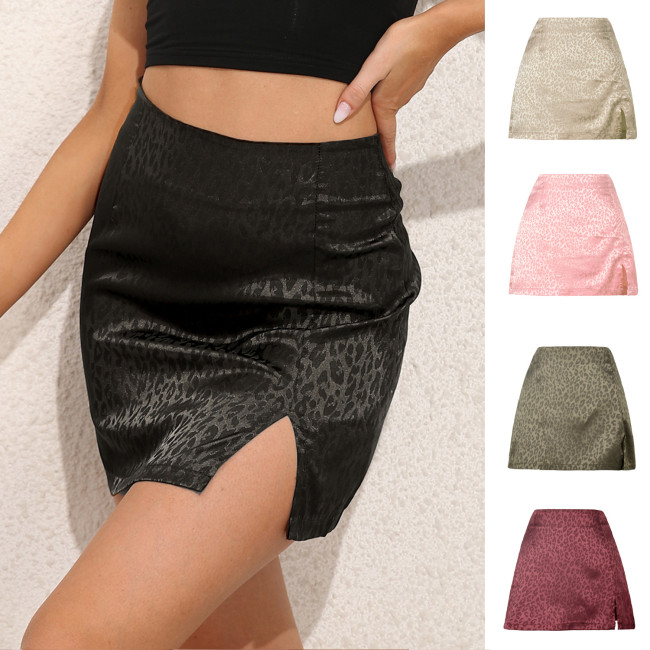 Leopard print high waist open short skirt sexy jacquard satin zipper half-body skirt