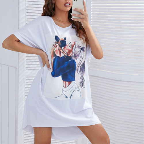 Loose short-sleeved t-shirt female large size casual simple round neck T-shirt dress