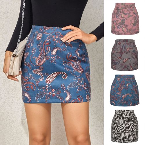 Suede print half skirt autumn and winter fashion cashew flower zipper A-line short skirt