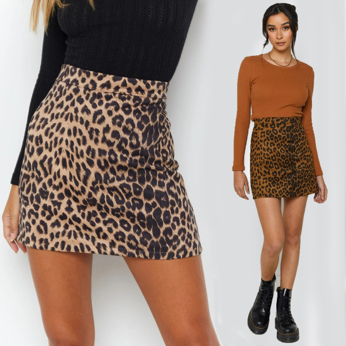 Suede package hip short skirt sexy leopard print high waist zipper A word half skirt female