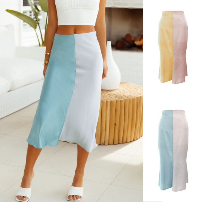 Fashion half skirt high waist zipper satin color blocking long skirt