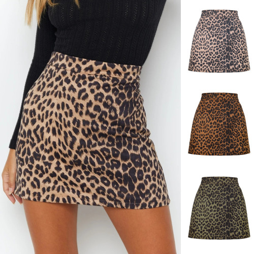 Suede package hip short skirt sexy leopard print high waist zipper A word half skirt female