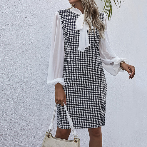 Fashion long-sleeved plaid bow tie dresses for women
