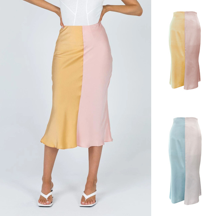 Fashion half skirt high waist zipper satin color blocking long skirt