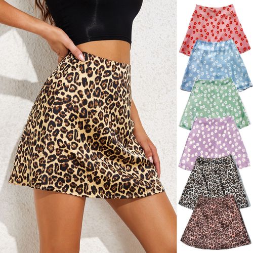 High waist satin printed skirt Europe and the United States pink small flower leopard print half-body skirt