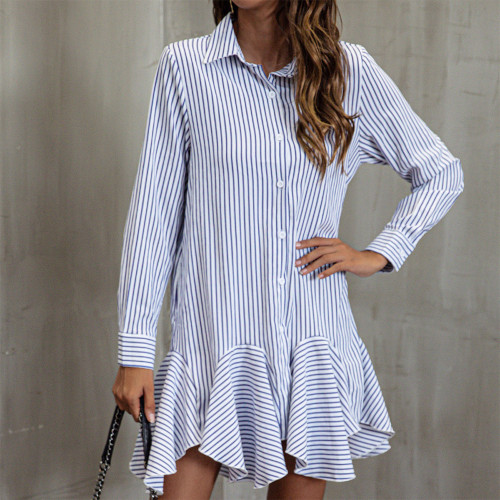 Striped dress shirt dress long sleeve loose irregular short skirt