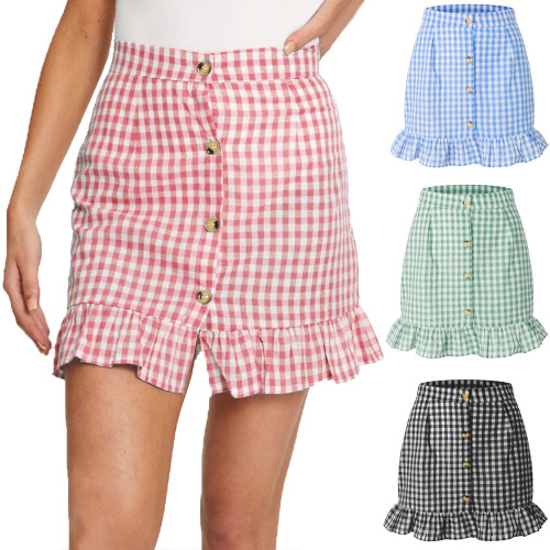 Plaid ruffle short skirt high waist single row button sub small fresh plaid half body skirt female