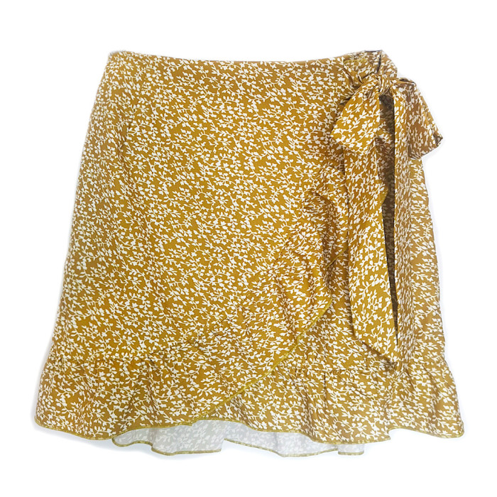 High waist tied short skirt ruffle irregular print zipper half skirt