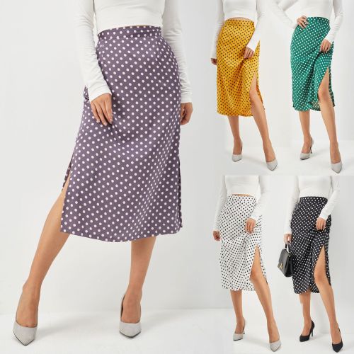 Slim open satin bum skirt high waist mid-length zipper polka dot half-body skirt