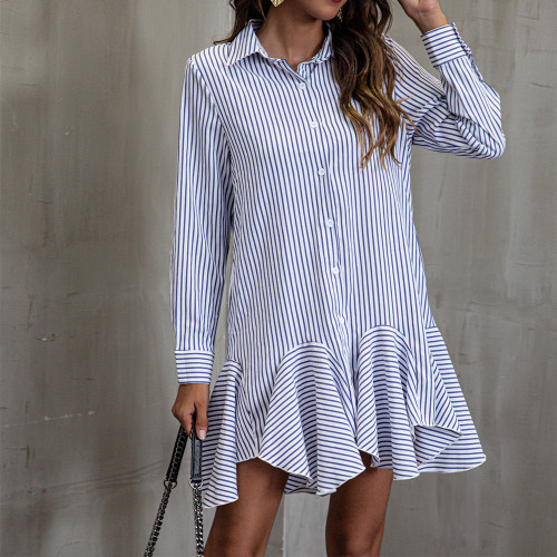 Striped dress shirt dress long sleeve loose irregular short skirt