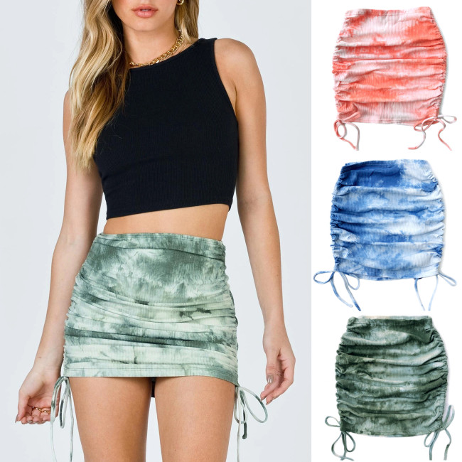 Stretch pleated knitted half-body skirt pit strip side drawstring sexy tie-dye package hip skirt