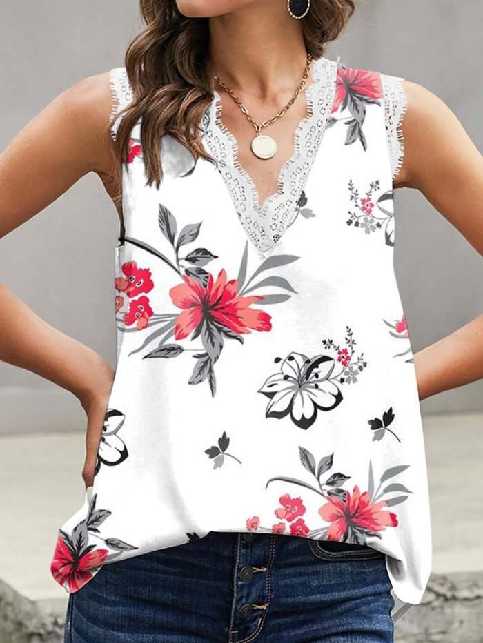 Women's Tank Tops Printed V-Neck Lace Panel Tank Tops
