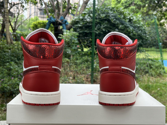 Authentic Air Jordan 1 Mid SE Red Cracked Leather Women