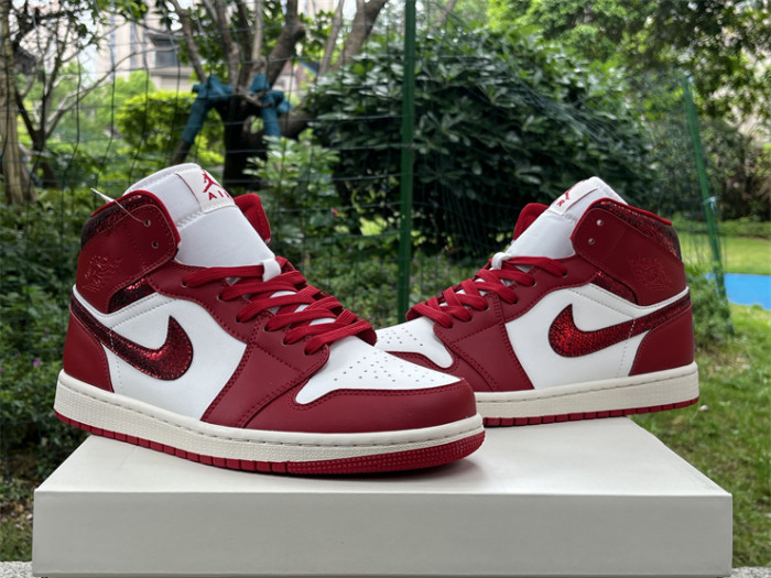Authentic Air Jordan 1 Mid SE Red Cracked Leather Women