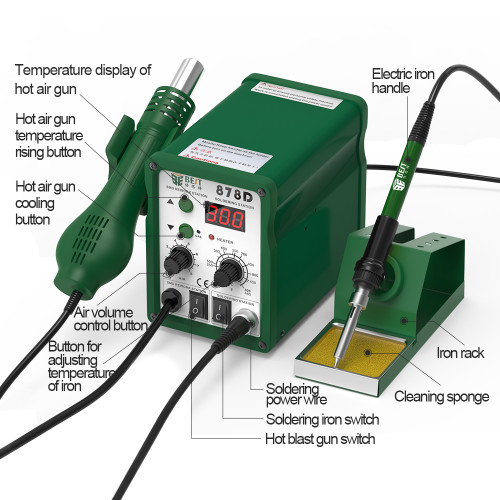 New panel upgrade Best 878D 2 in 1 digital display lead-free helical wind hot air soldering station 110V/220V optional
