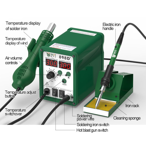 BST-898D+ Imported Heating Element Digital Lead-free 2 in 1 700w SMT PCB Rework Best Hot Air And Station with Soldering station