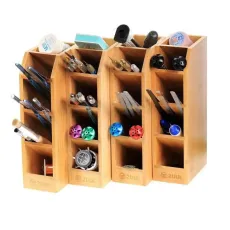 2UUL Bamboo Tool Storage Rack Multifunctional Storage Box Wooden Desktop Organizer Tweezer Screwdriver Phone Repair Tool Holder