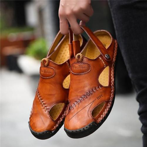 Men Hand Stitching Soft Outdoor Closed Toe Leather Sandals