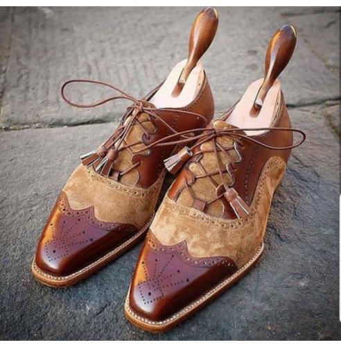 Handmade Western Dress Shoes, Mens Leather And Suede Tan Shoes