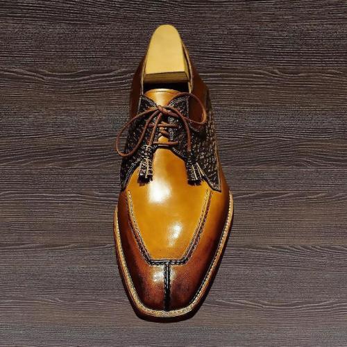 Men's Brown Leather Stitching Casual Lace-Up Leather Shoes