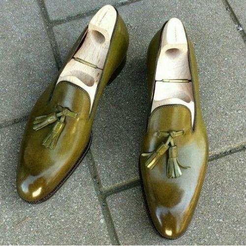 Handmade Olive Color Men Tassel Loafer Leather Shoes