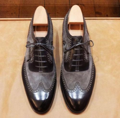 Men's Black Grey Leather Lace-Up Shoes