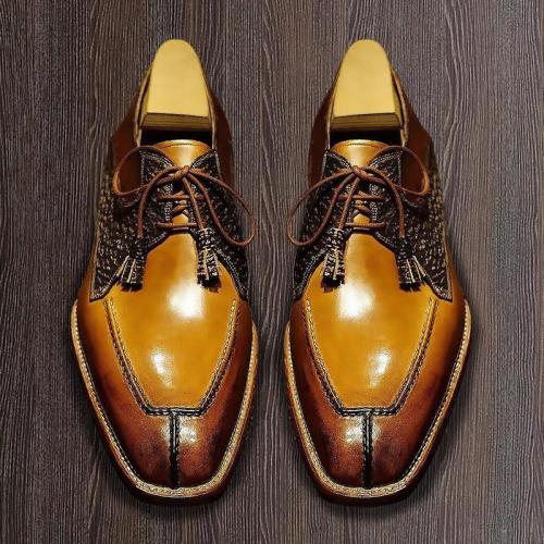 Men's Brown Leather Stitching Casual Lace-Up Leather Shoes
