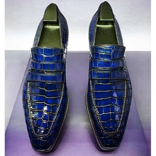 Handmade Men's Black Crocodile Embossed Leather Shoes