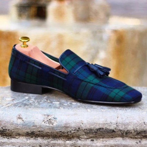 Blue And Green Check Pattern Tassel Slipon Loafers
