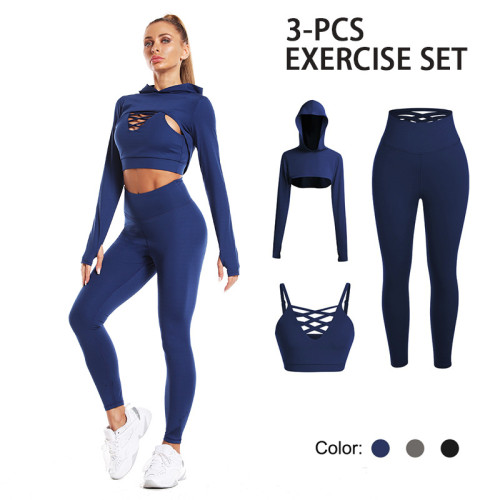 Women's yoga suit, fitness running hip lift waist pants sports three-piece set