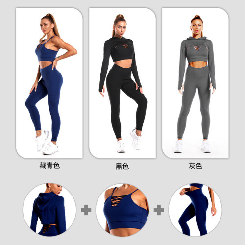 Women's yoga suit, fitness running hip lift waist pants sports three-piece set