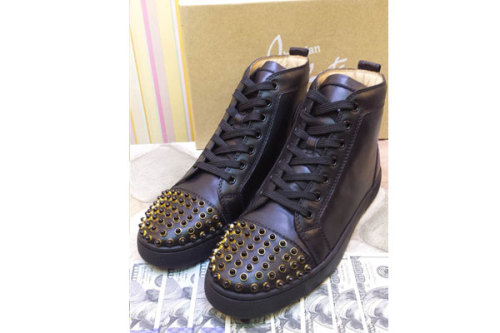 Super Max perfect Christian Louboutin High Top Gold Spike Black leather Sneaker(with receipt)