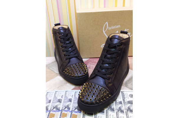 Super Max perfect Christian Louboutin High Top Gold Spike Black leather Sneaker(with receipt)