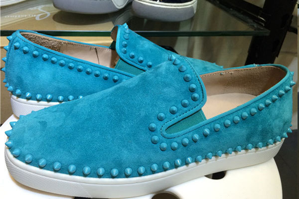 Super Max Perfect Christian Louboutin Pik Boat Spikes Suede Mens Flat Sneakers Sky Blue(with receipt)