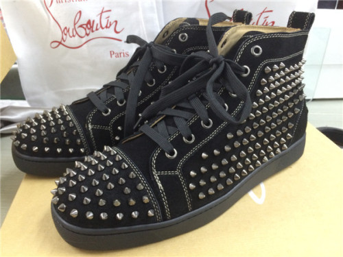 Super Max Perfect Christian Louboutin Black Suede Louis Spikes Men's Flat Sneaker With Glossy Red Sole(with receipt)